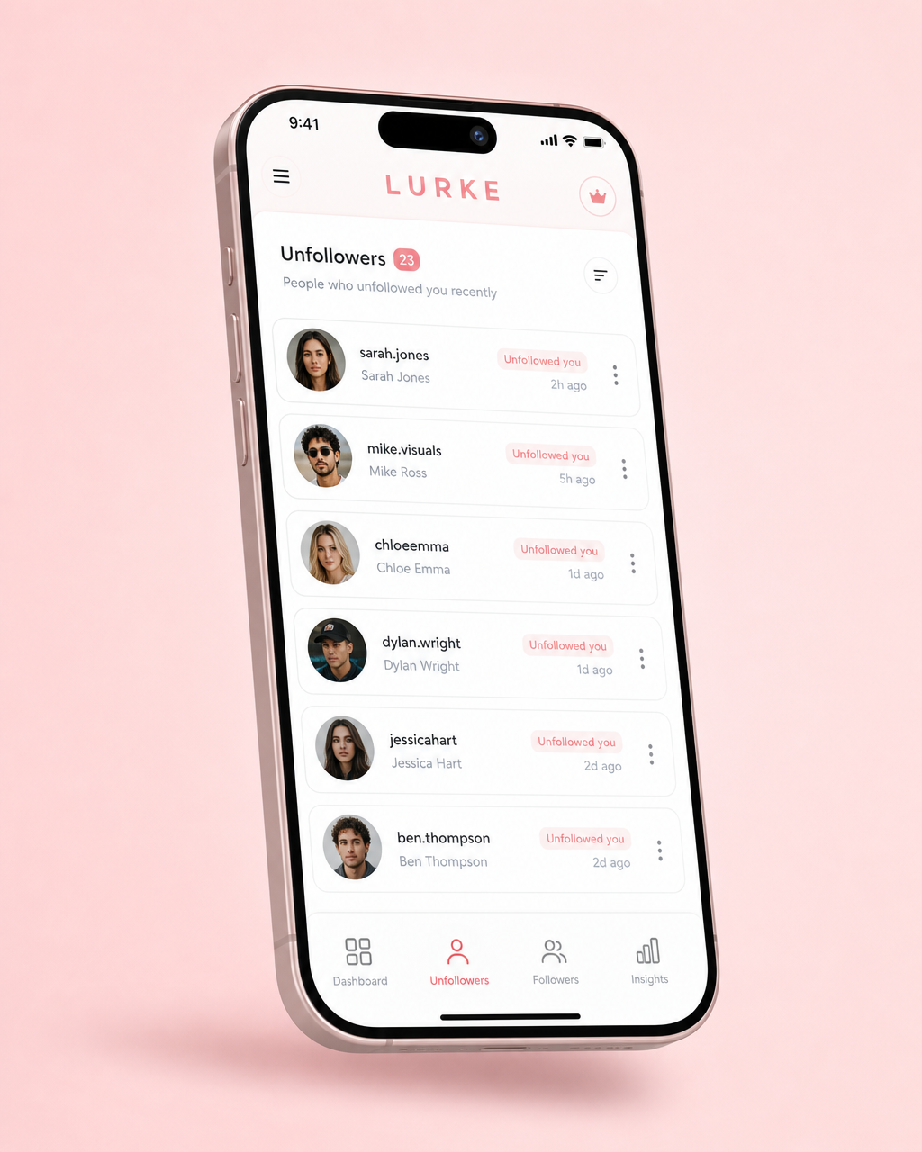 LURKE app dashboard showing a list of Instagram unfollowers